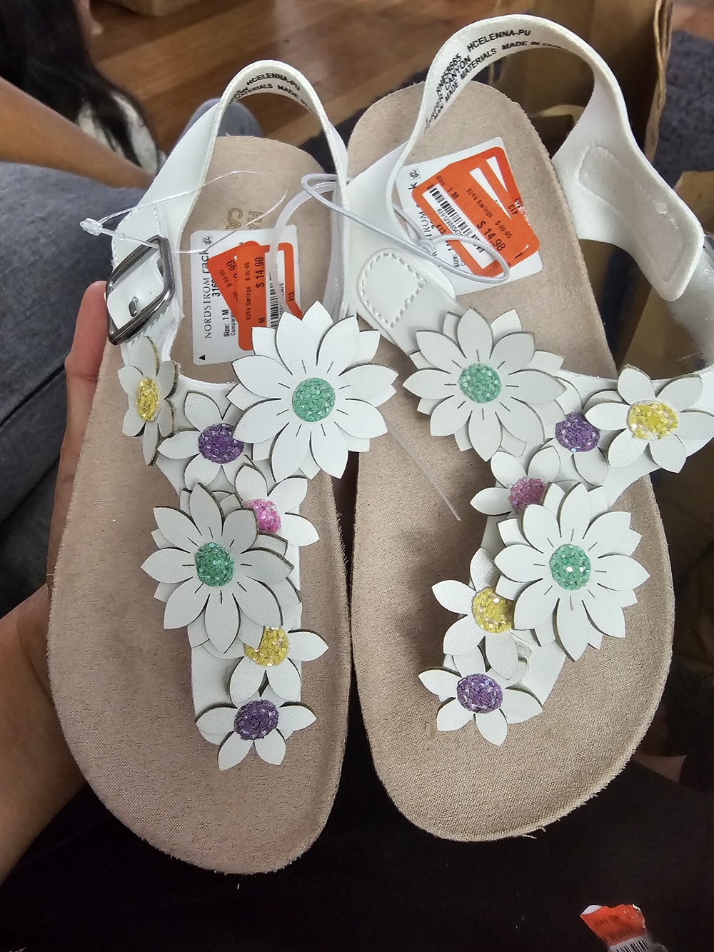 Harper Canyon White Floral T-Strap Sandals with Green, Purple & Yellow Accents